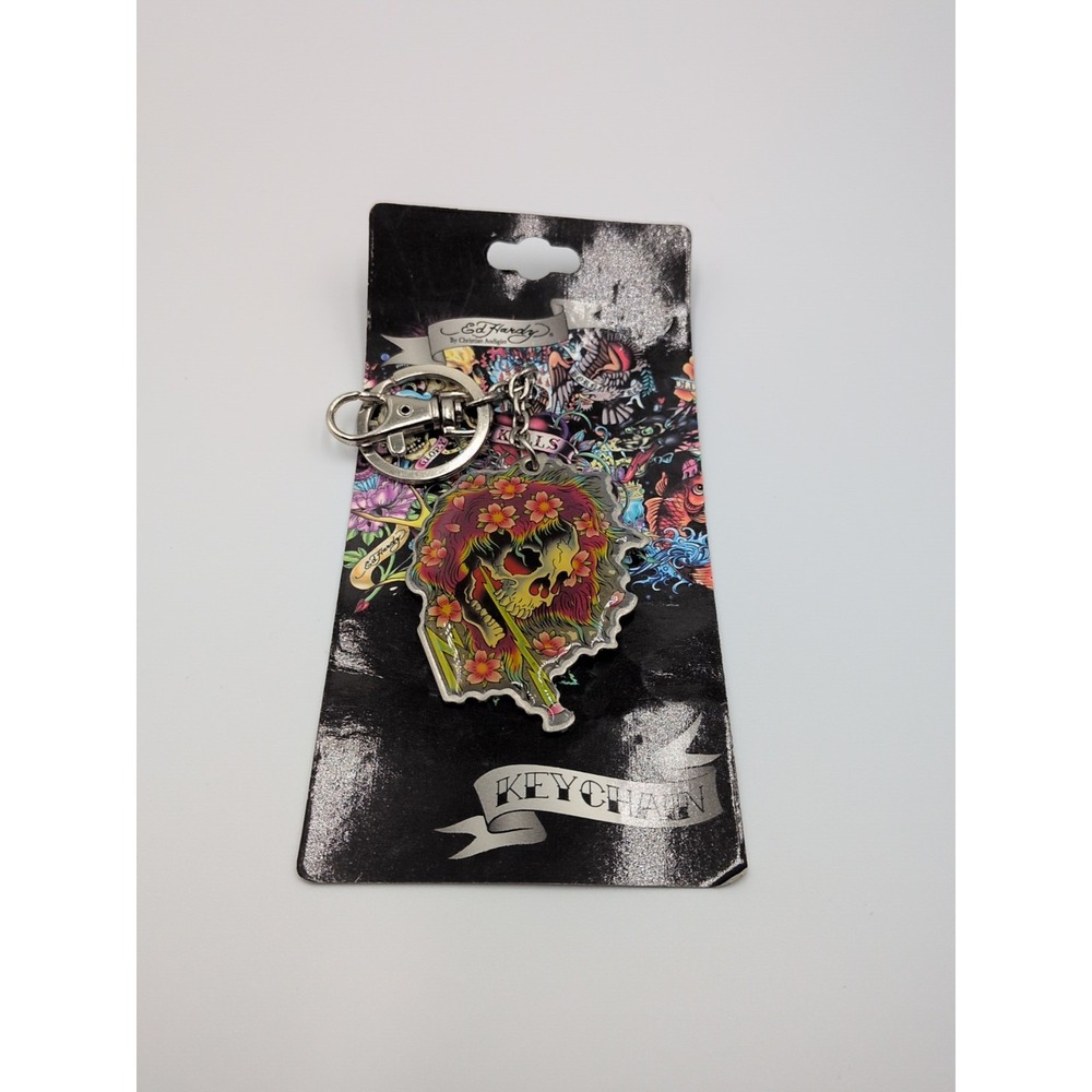 ed hardy by christian audigier Ghost Keychain New Skull Flower  Design Y2k Vtg